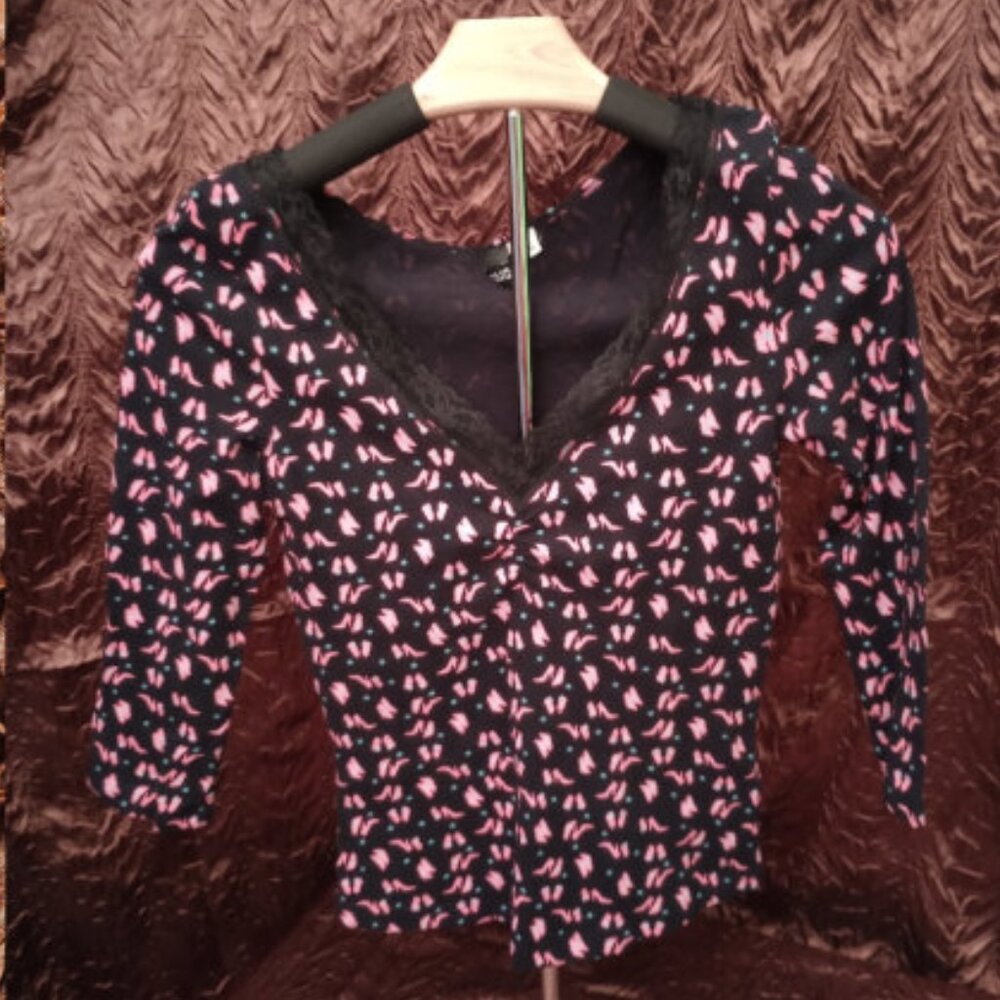 Cute Pink Shoe Print & Tiny Blue Stars on Vintage Inspired Fashion Blouse!